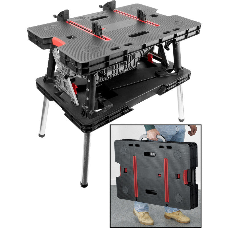Portable Folding Work Bench with Clamps and Carry Handle