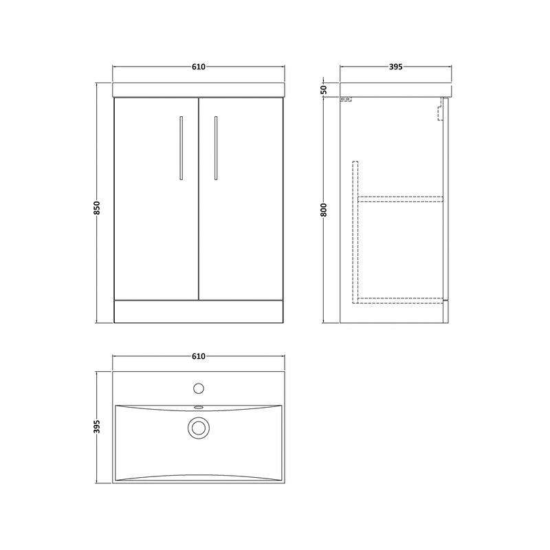 nuie Arno Double Door Floor Standing Vanity Unit Bleached Oak 600mm With Slim Edge Basin