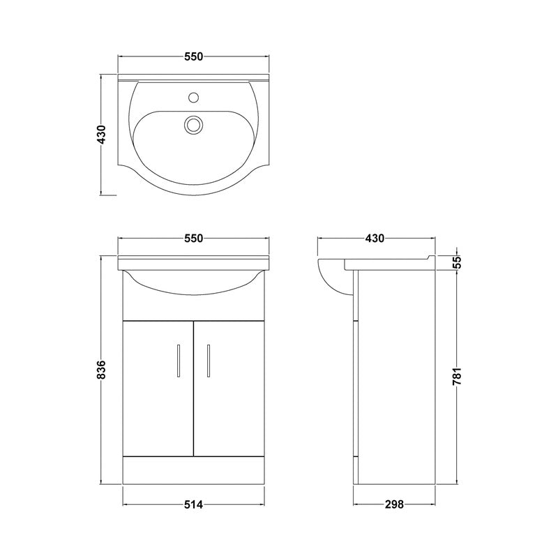 nuie Mayford Double Door Floor Standing Vanity Unit With Ceramic Basin Gloss White 550mm